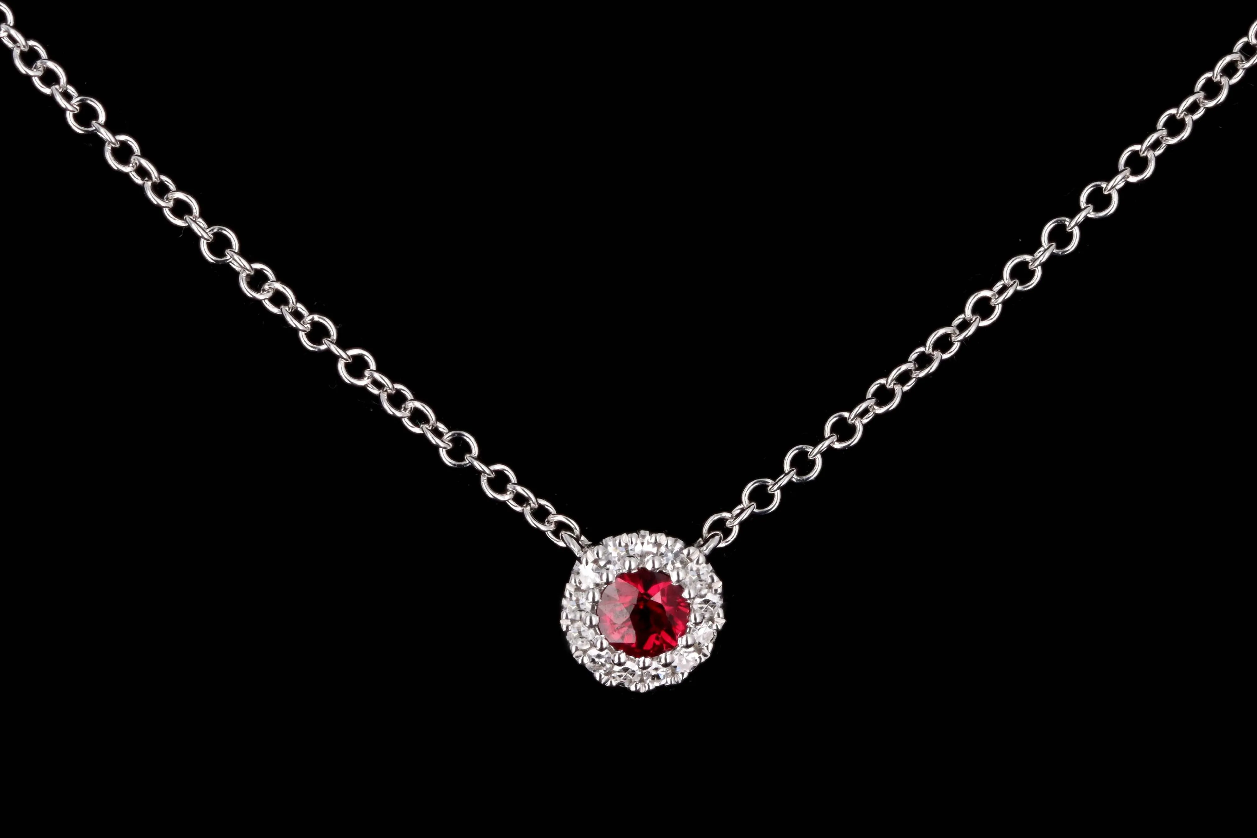 14K White Gold Ruby & Diamond Halo Pendant Necklace
