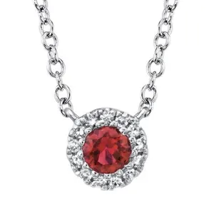 14K White Gold Ruby & Diamond Halo Pendant Necklace