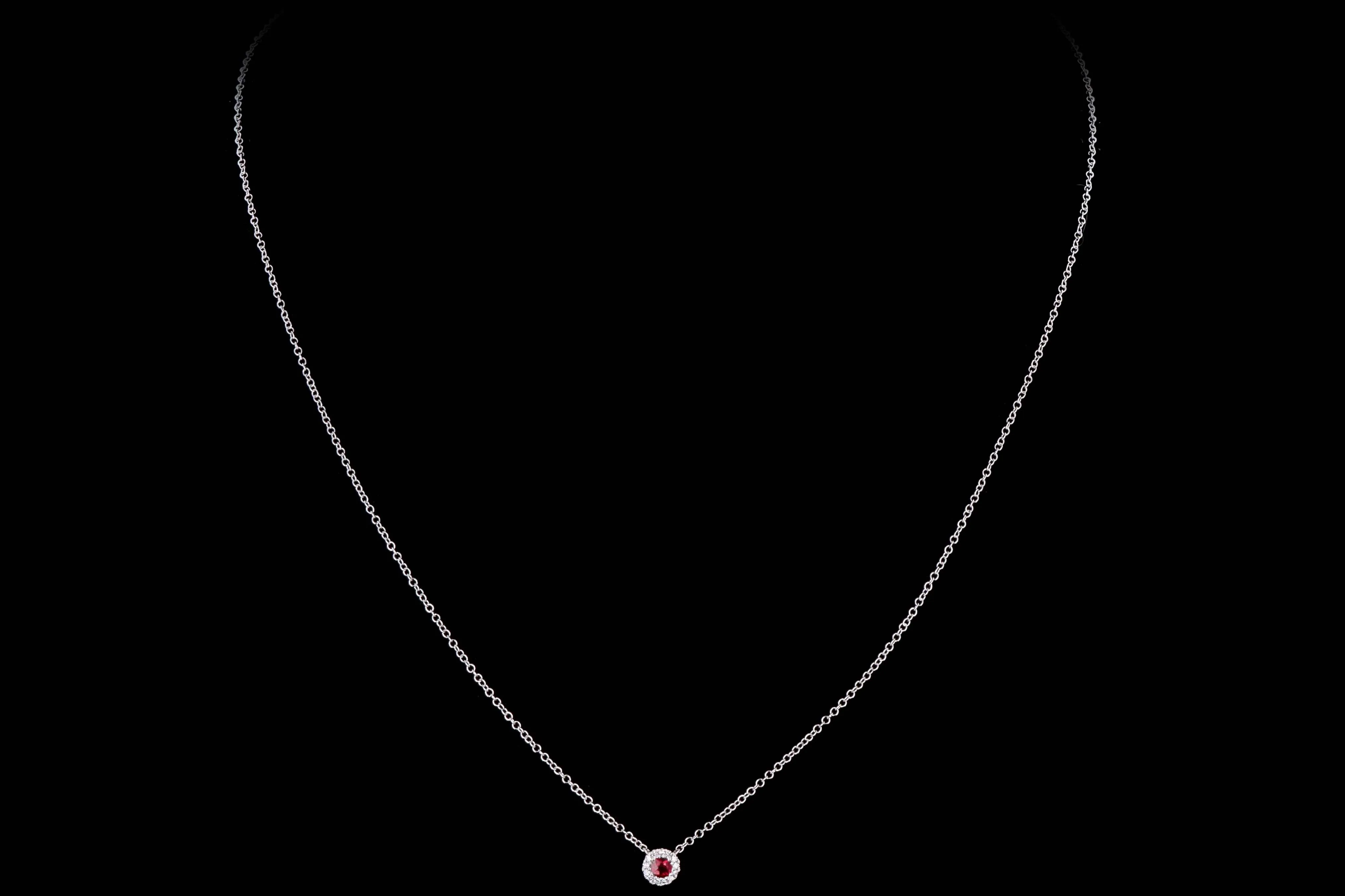 14K White Gold Ruby & Diamond Halo Pendant Necklace