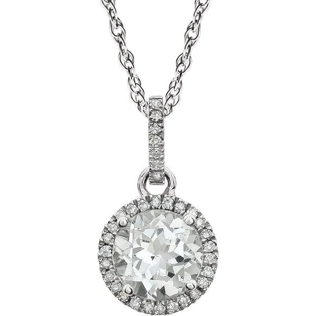 14k White Gold Sky Gemstone & Diamond Halo Necklace