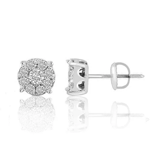 14K White Solid Gold Round Cut Diamond Cluster Earrings 1 Cwt.