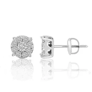 14K White Solid Gold Round Cut Diamond Cluster Earrings 1 Cwt.