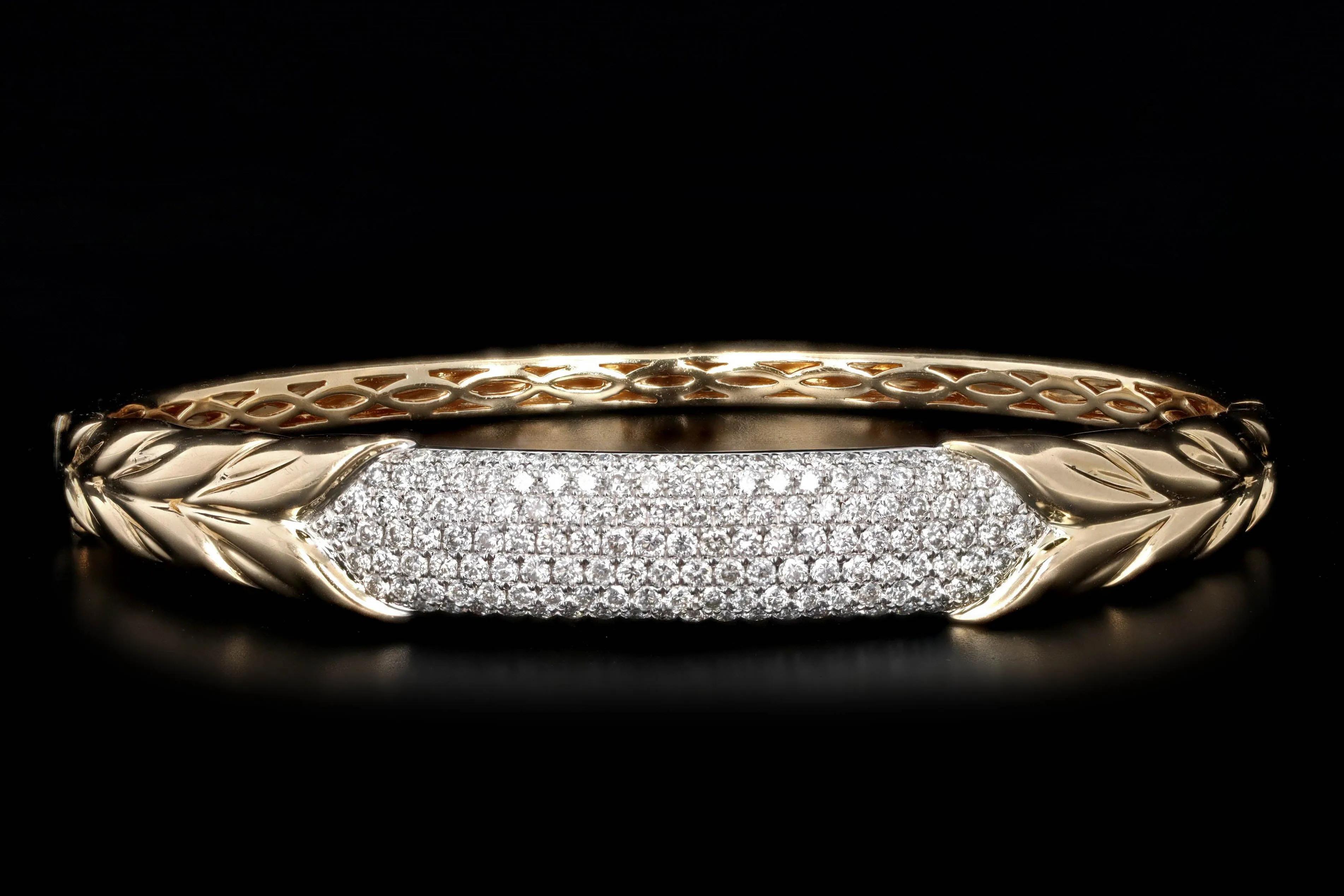 14K Yellow Gold 2 Carat Total Weight Diamond Pave Leaf Bangle