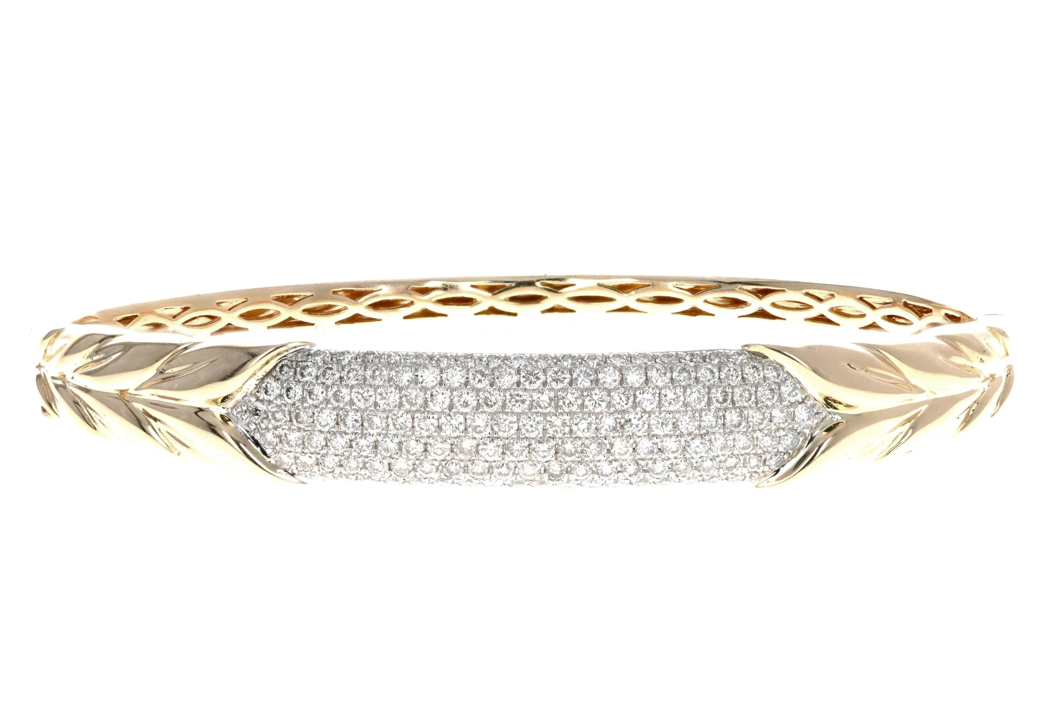 14K Yellow Gold 2 Carat Total Weight Diamond Pave Leaf Bangle