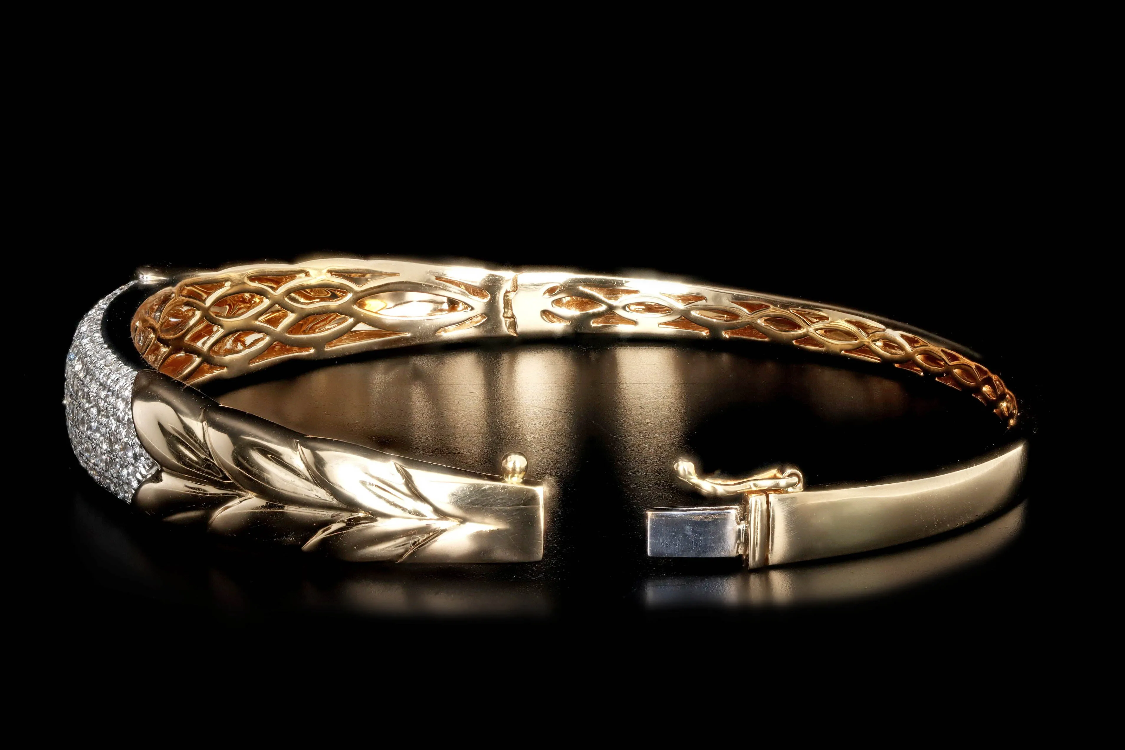 14K Yellow Gold 2 Carat Total Weight Diamond Pave Leaf Bangle