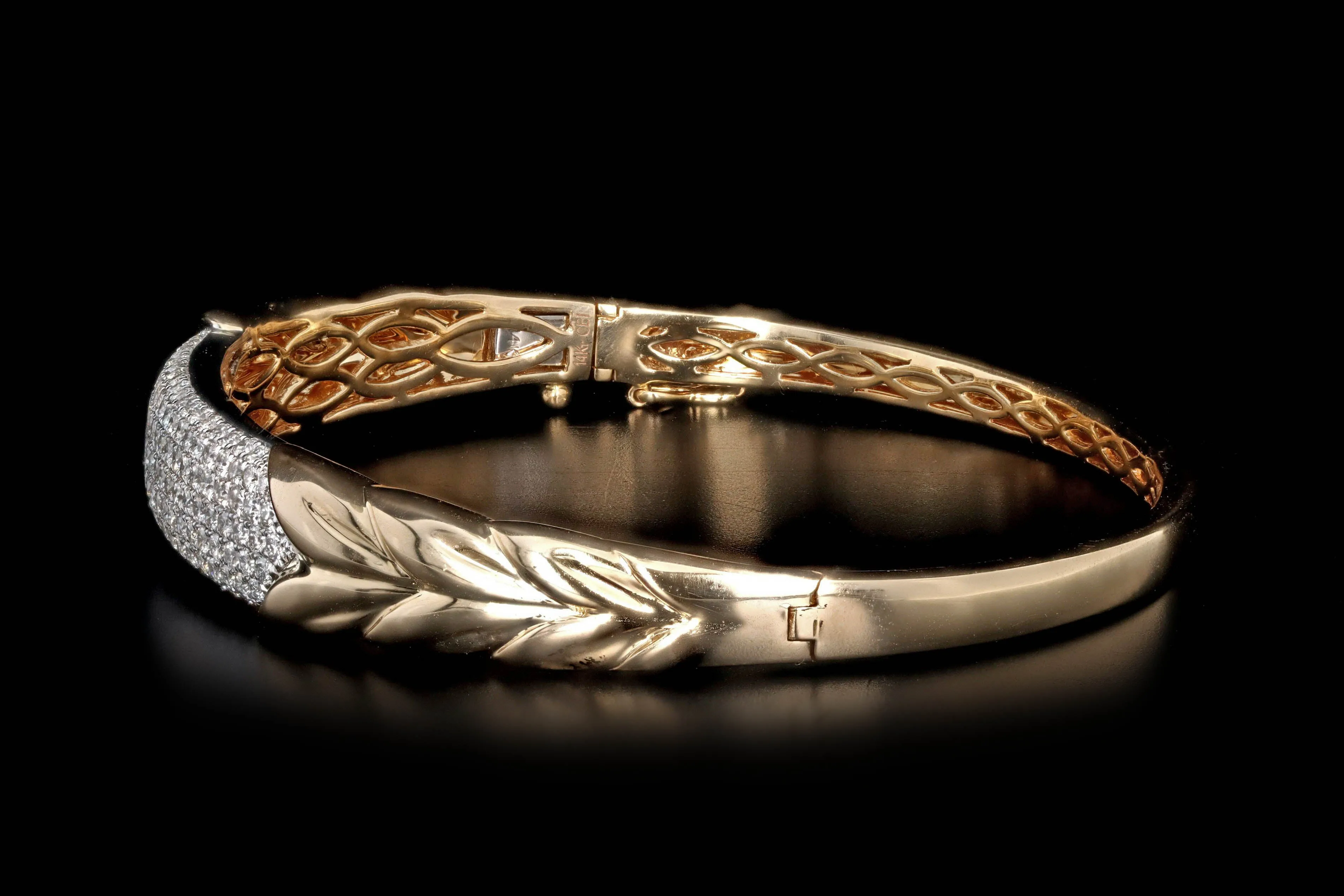 14K Yellow Gold 2 Carat Total Weight Diamond Pave Leaf Bangle