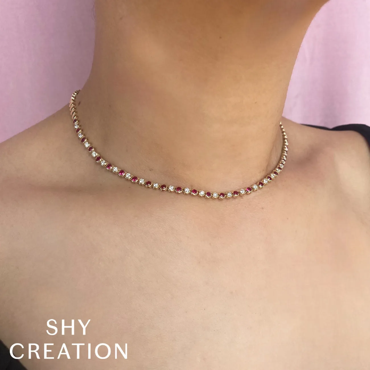 14K Yellow Gold Diamond and Ruby Bezel Set Tennis Necklace