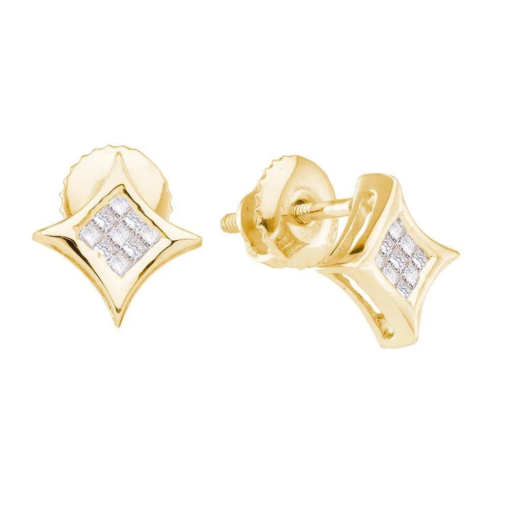 14K Yellow Gold Princess Diamond Cluster Kite Square Earrings 1/6 Cttw