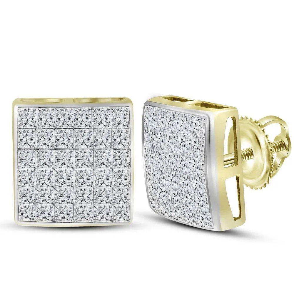 14K Yellow Gold Princess Diamond Square Cluster Stud Earrings 2.00 Cttw
