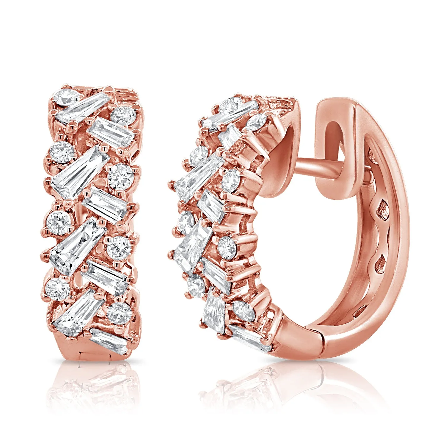 14K Yellow Gold Round   Baguettes Diamond Huggies