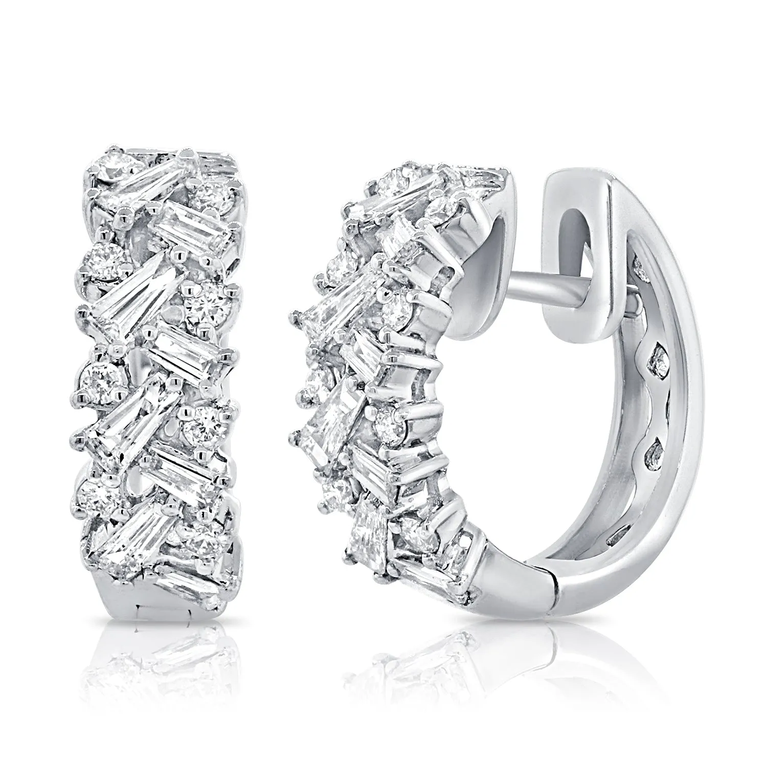 14K Yellow Gold Round   Baguettes Diamond Huggies