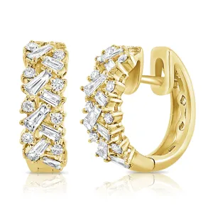 14K Yellow Gold Round   Baguettes Diamond Huggies