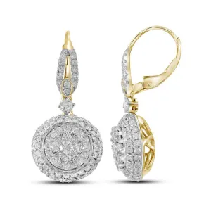 14K Yellow Gold Round Diamond Circle Cluster Dangle Earrings 2-1/5 Cttw