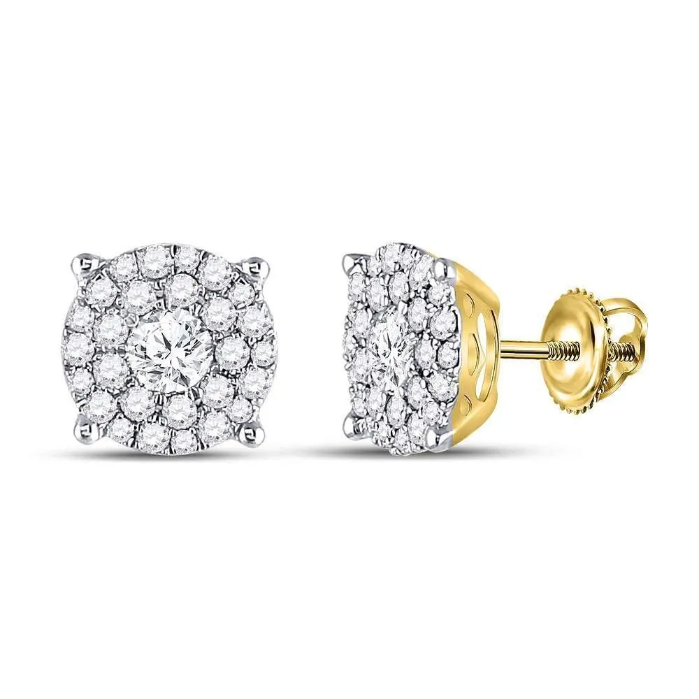 14K Yellow Gold Round Diamond Concentric Circle Cluster Earrings 1-3/8 Cttw