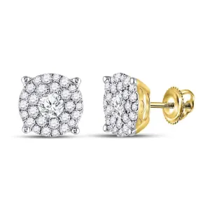 14K Yellow Gold Round Diamond Concentric Circle Cluster Earrings 1-3/8 Cttw