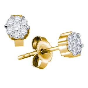 14K Yellow Gold Round Diamond Flower Cluster Earrings 1/3 Cttw