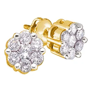 14K Yellow Gold Round Diamond Flower Cluster Stud Earrings 1.00 Cttw