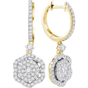 14K Yellow Gold Round Diamond Hexagon Frame Cluster Dangle Earrings 1.00 Cttw