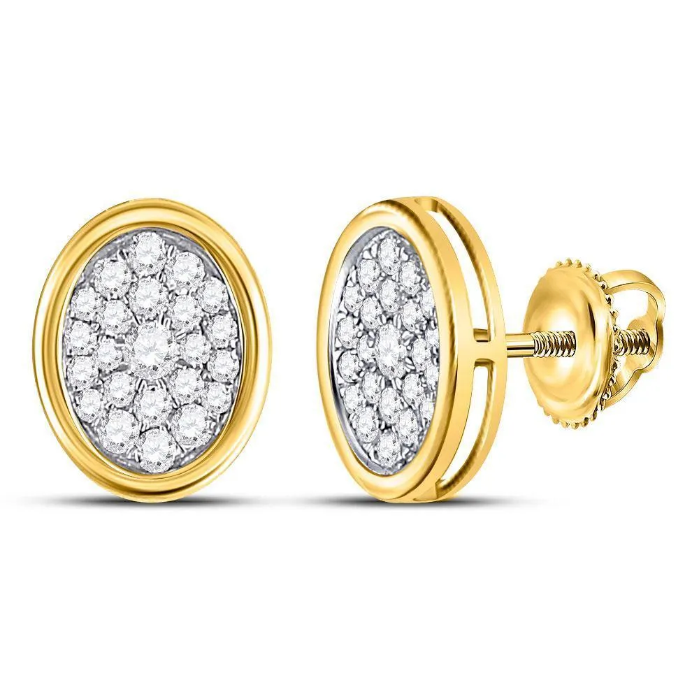 14K Yellow Gold Round Diamond Oval Cluster Earrings 1/2 Cttw