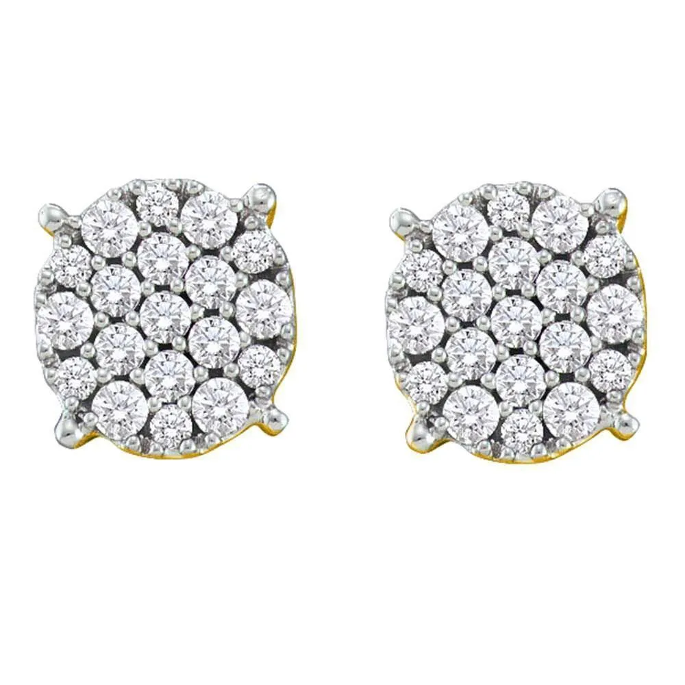 14K Yellow Gold Round Pave-set Diamond Flower Cluster Earrings 1/2 Cttw