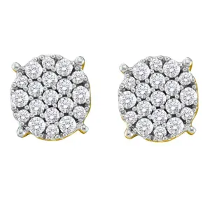 14K Yellow Gold Round Pave-set Diamond Flower Cluster Earrings 1/2 Cttw