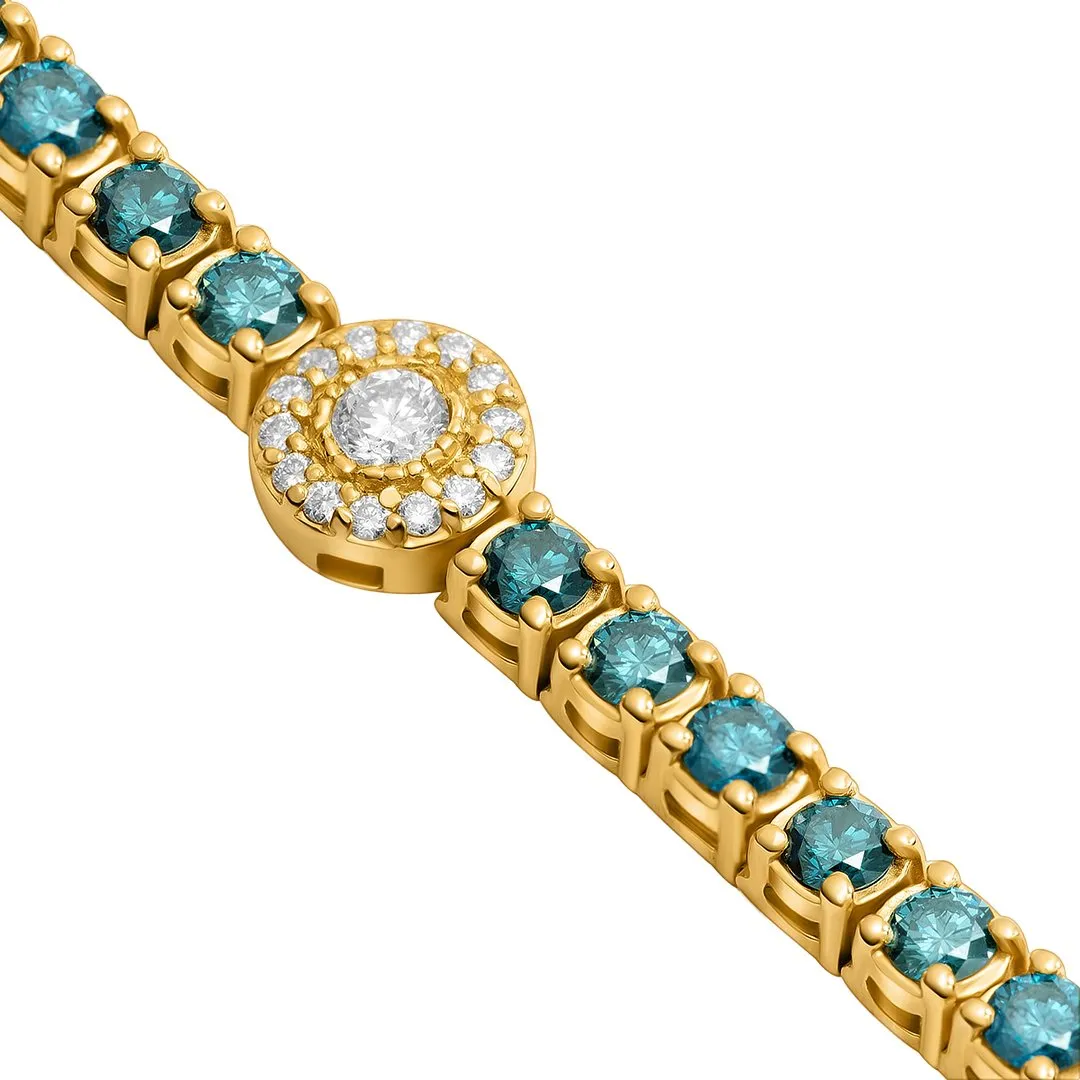 14k Yellow Gold Royal Blue Diamond Tennis Bracelet 9.7 Ctw
