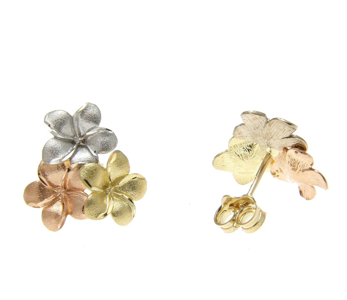 14K YELLOW ROSE WHITE TRICOLOR GOLD HAWAIIAN PLUMERIA CLUSTER STUD POST EARRINGS