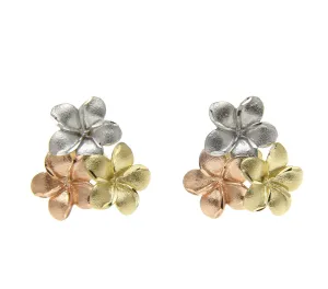 14K YELLOW ROSE WHITE TRICOLOR GOLD HAWAIIAN PLUMERIA CLUSTER STUD POST EARRINGS