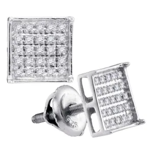 14kt White Gold Unisex Round Diamond Square Cluster Stud Earrings 1/6 Cttw