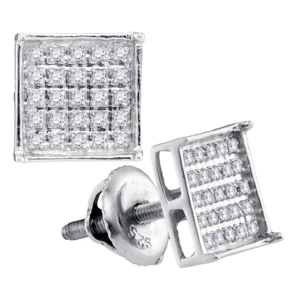 14kt White Gold Unisex Round Diamond Square Cluster Stud Earrings 1/6 Cttw