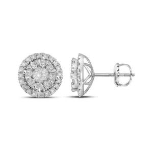 14kt White Gold Womens Round Diamond Concentric Circle Frame Cluster Earrings 1.00 Cttw