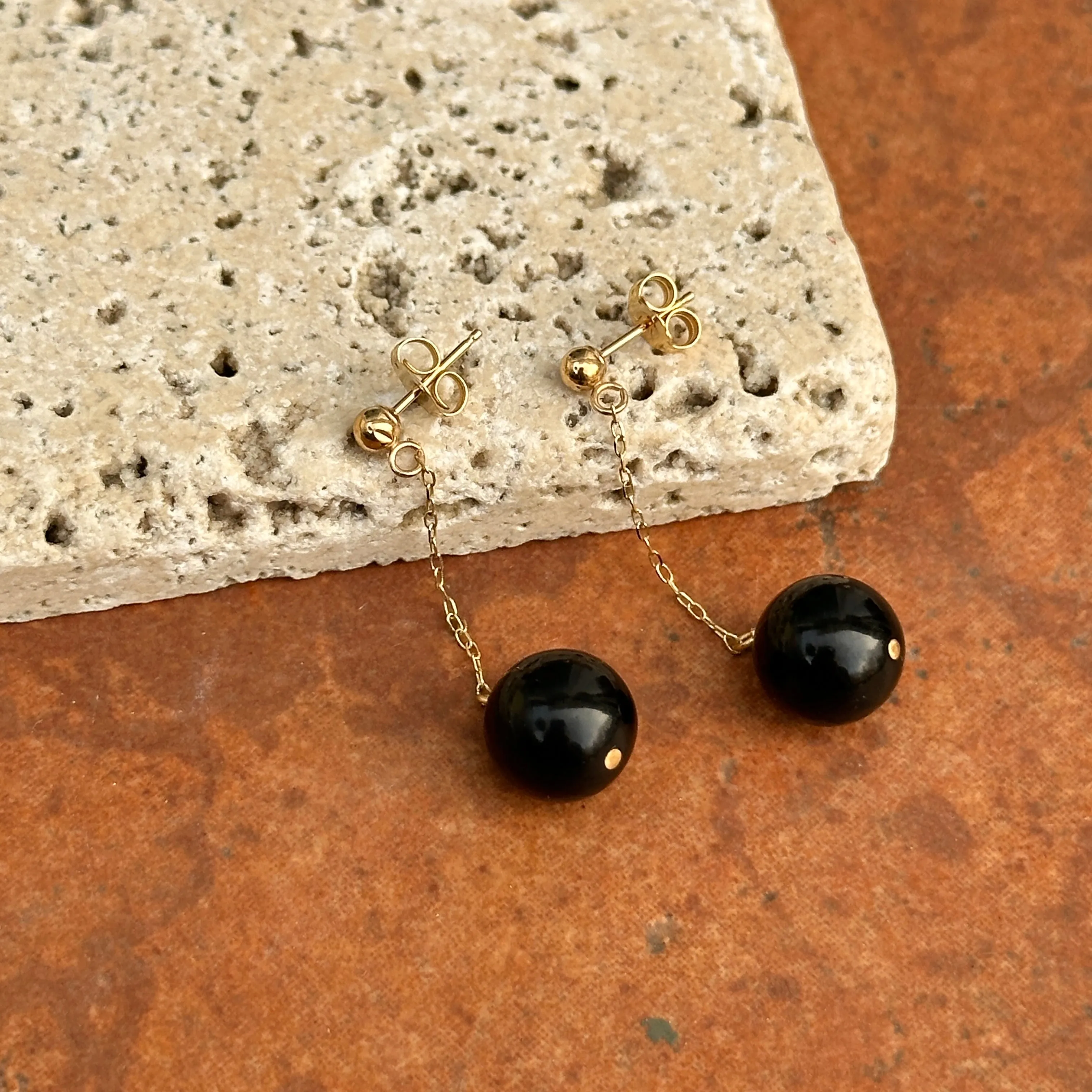 14KT Yellow Gold Black Onyx Ball Chain Drop Earrings