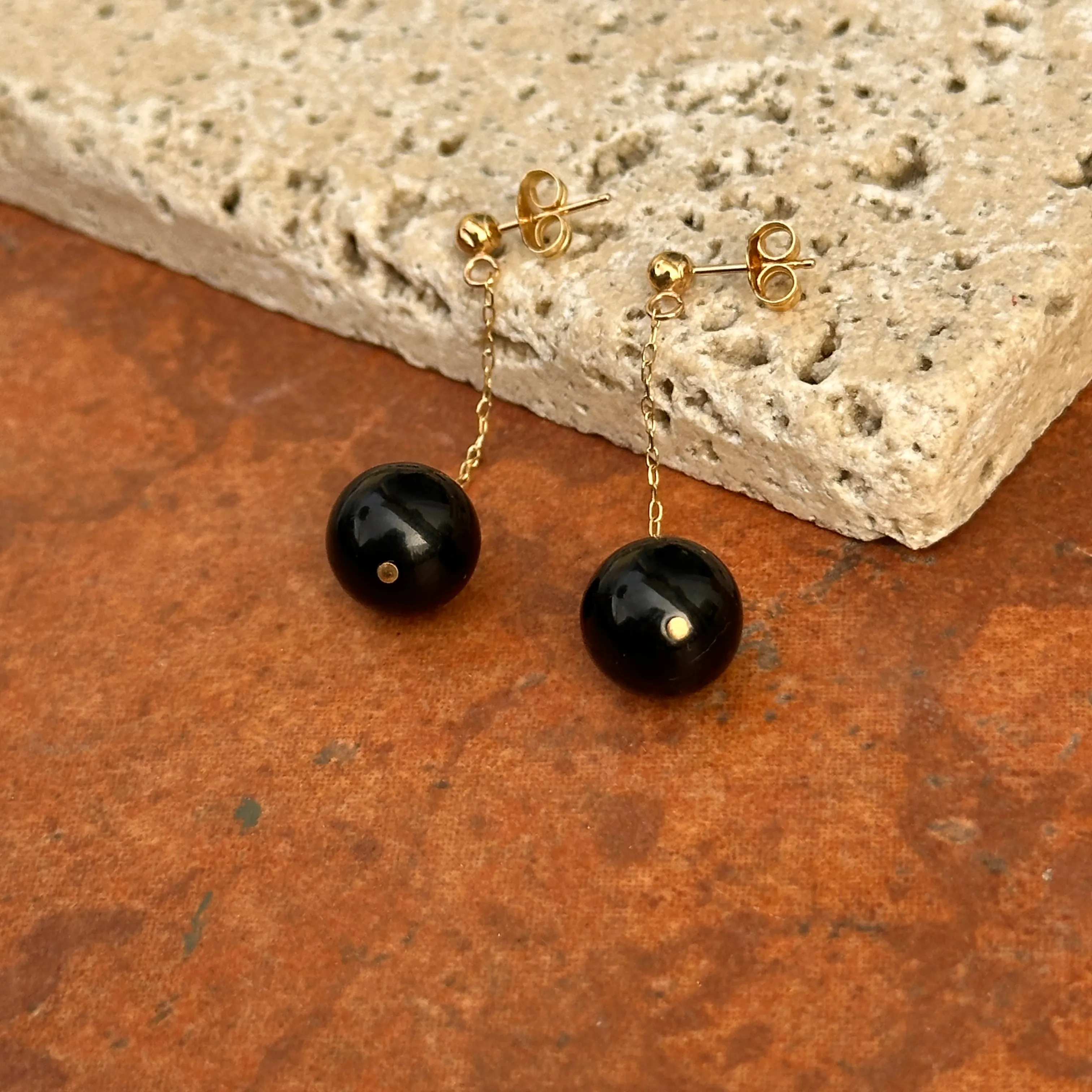 14KT Yellow Gold Black Onyx Ball Chain Drop Earrings