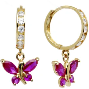 14kt Yellow Gold Fuchsia CZ Butterfly Huggy Earrings