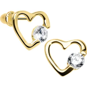14KT Yellow Gold  Hollow Heart CZ Youth Screwback Earrings