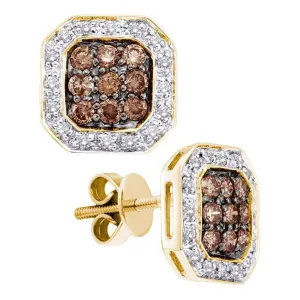 14kt Yellow Gold Womens Round Cognac-brown Color Enhanced Diamond Square Cluster Screwback Earrings 3/4 Cttw