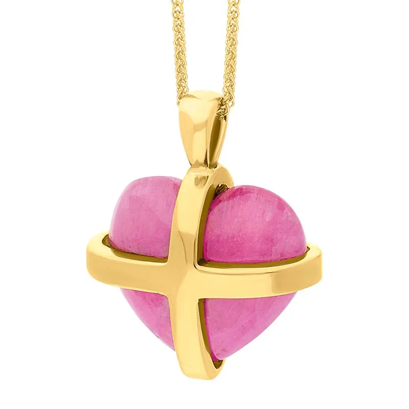 18ct Yellow Gold Pink Greenland Sapphire Medium Cross Heart Necklace