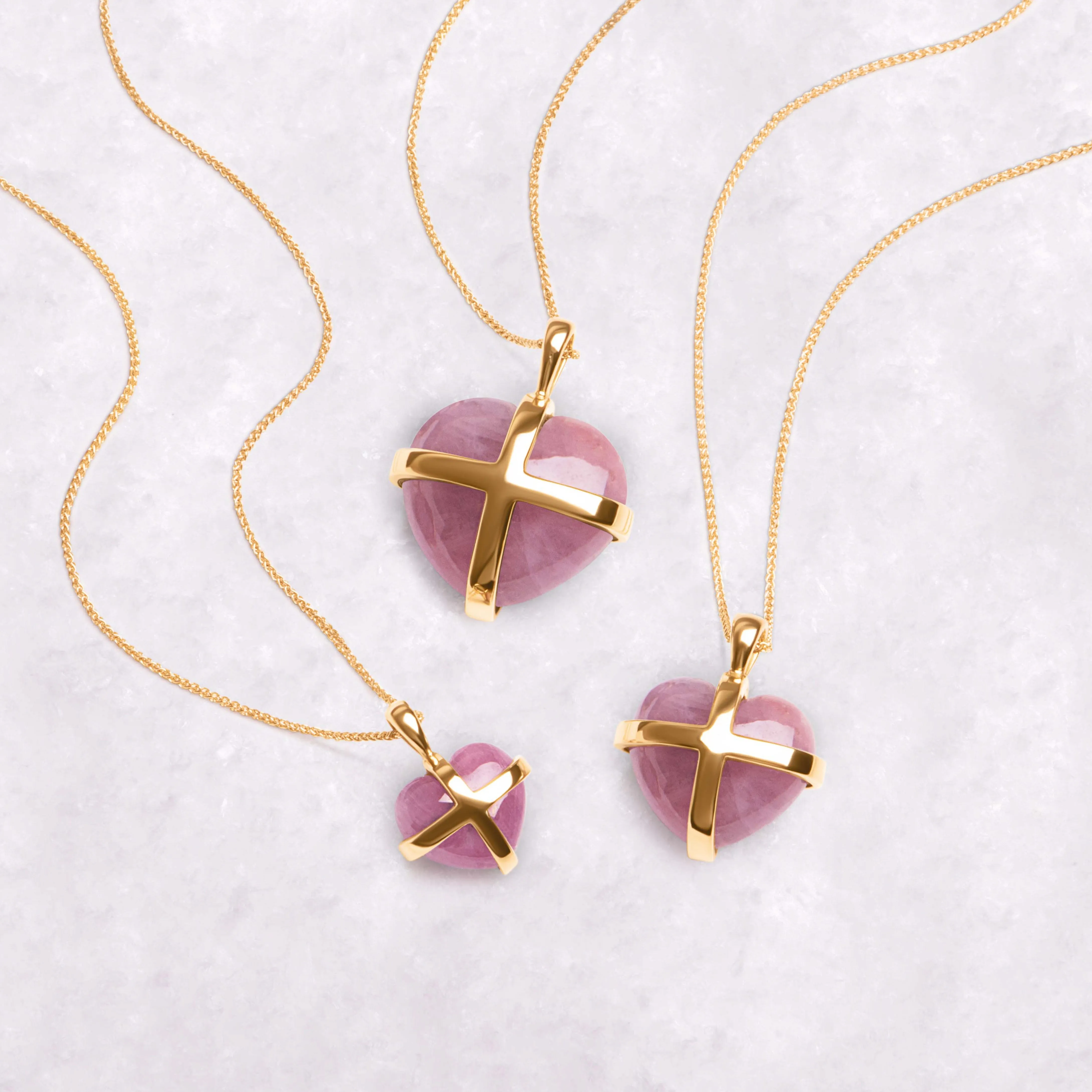 18ct Yellow Gold Pink Greenland Sapphire Medium Cross Heart Necklace