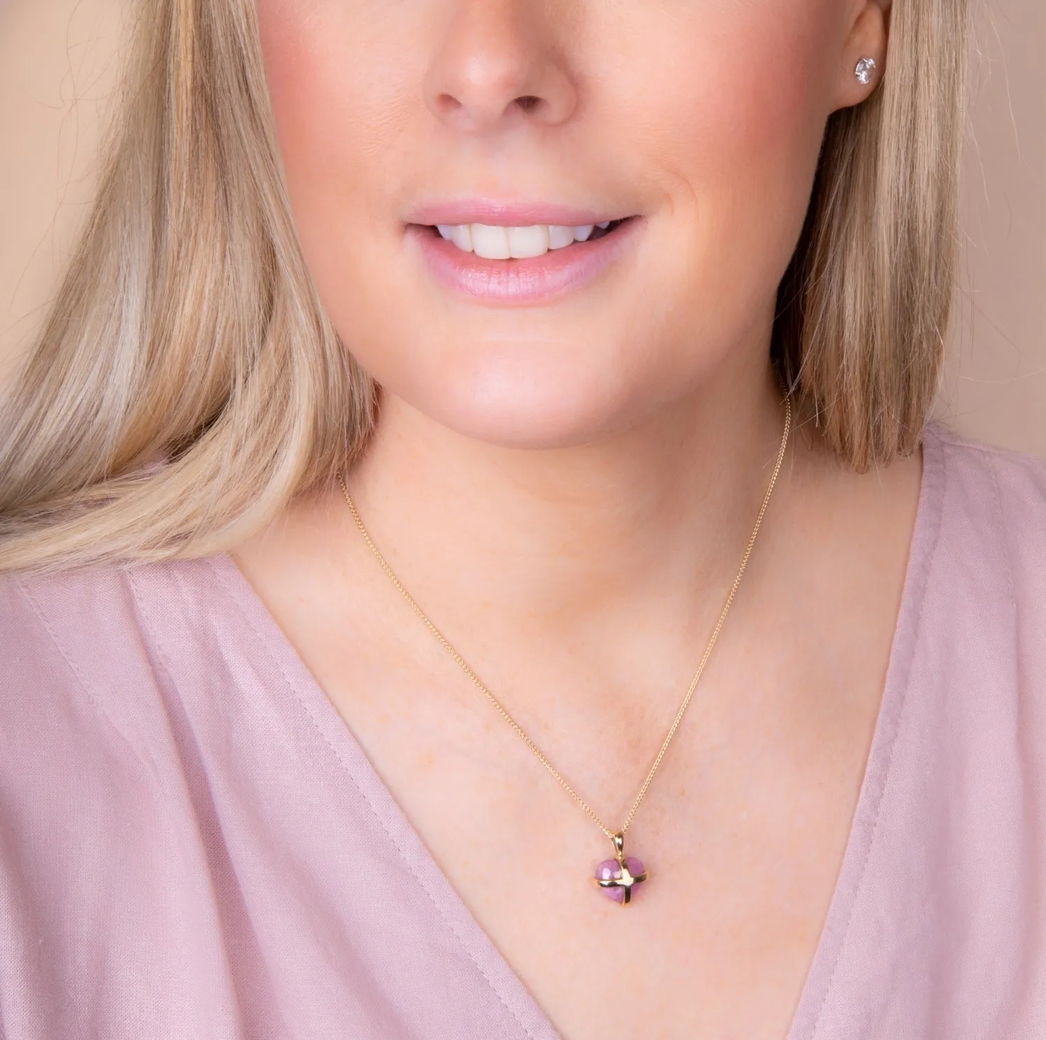 18ct Yellow Gold Pink Greenland Sapphire Medium Cross Heart Necklace