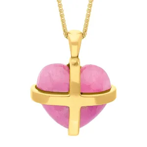 18ct Yellow Gold Pink Greenland Sapphire Medium Cross Heart Necklace