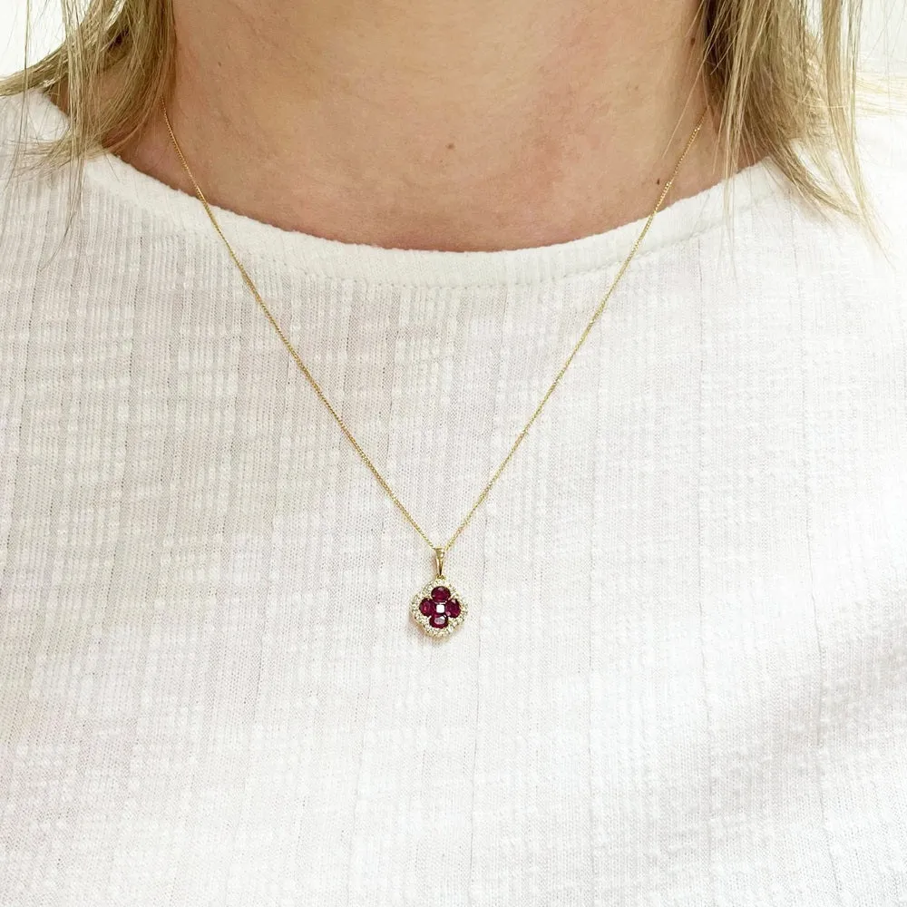 18ct Yellow Gold Ruby and Diamond Cluster Pendant and Chain