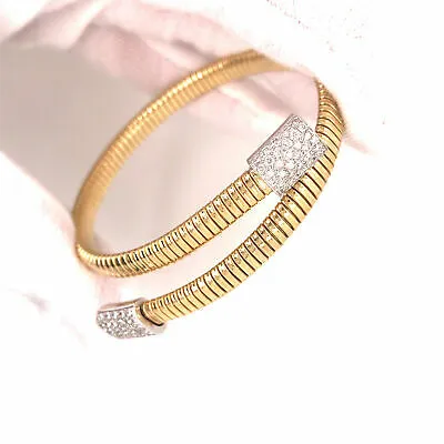 18K Diamond Pave Station Flexible Wrap Bangle Bracelet Two-Tone Gold