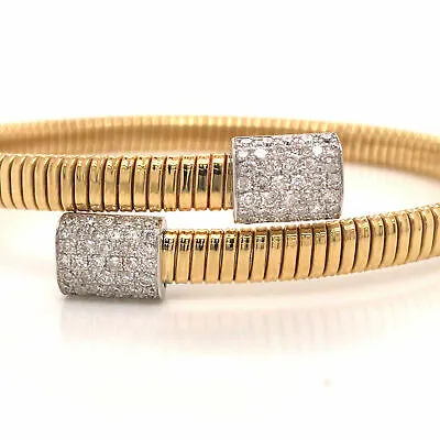 18K Diamond Pave Station Flexible Wrap Bangle Bracelet Two-Tone Gold