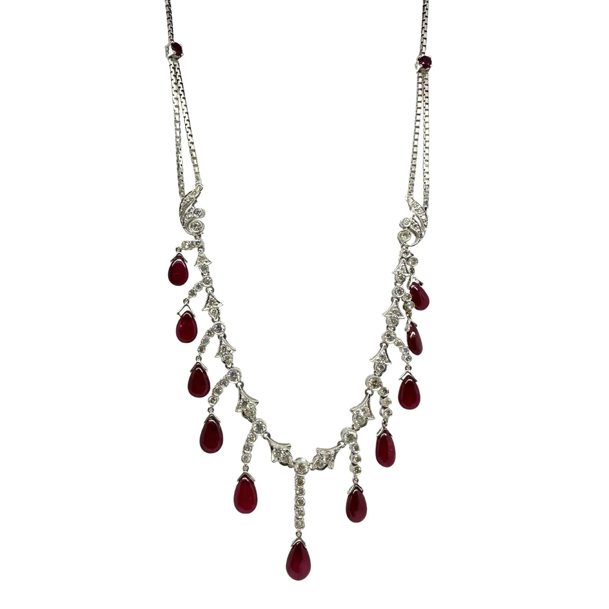 18K White Gold Diamond and Cabochon Ruby Necklace