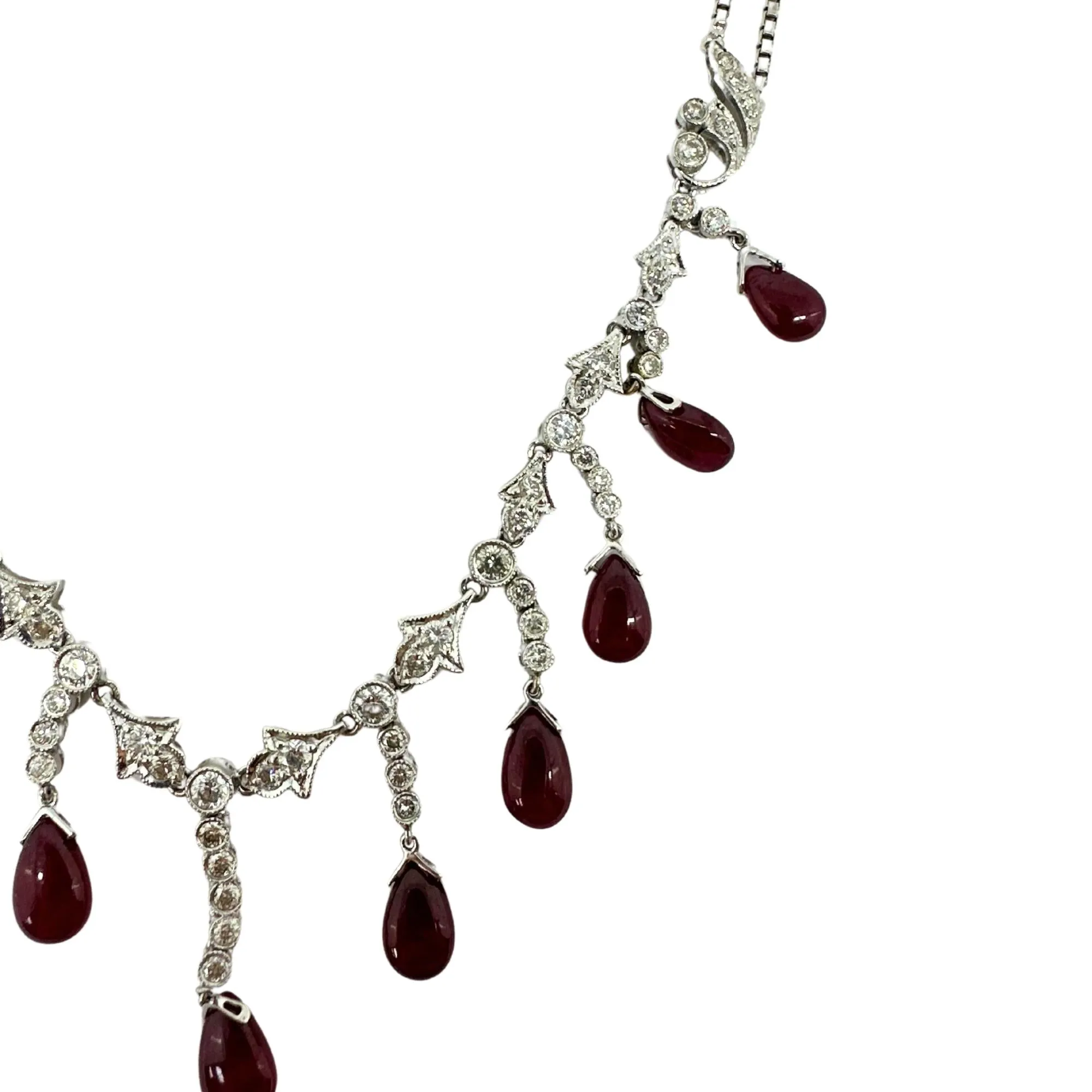 18K White Gold Diamond and Cabochon Ruby Necklace
