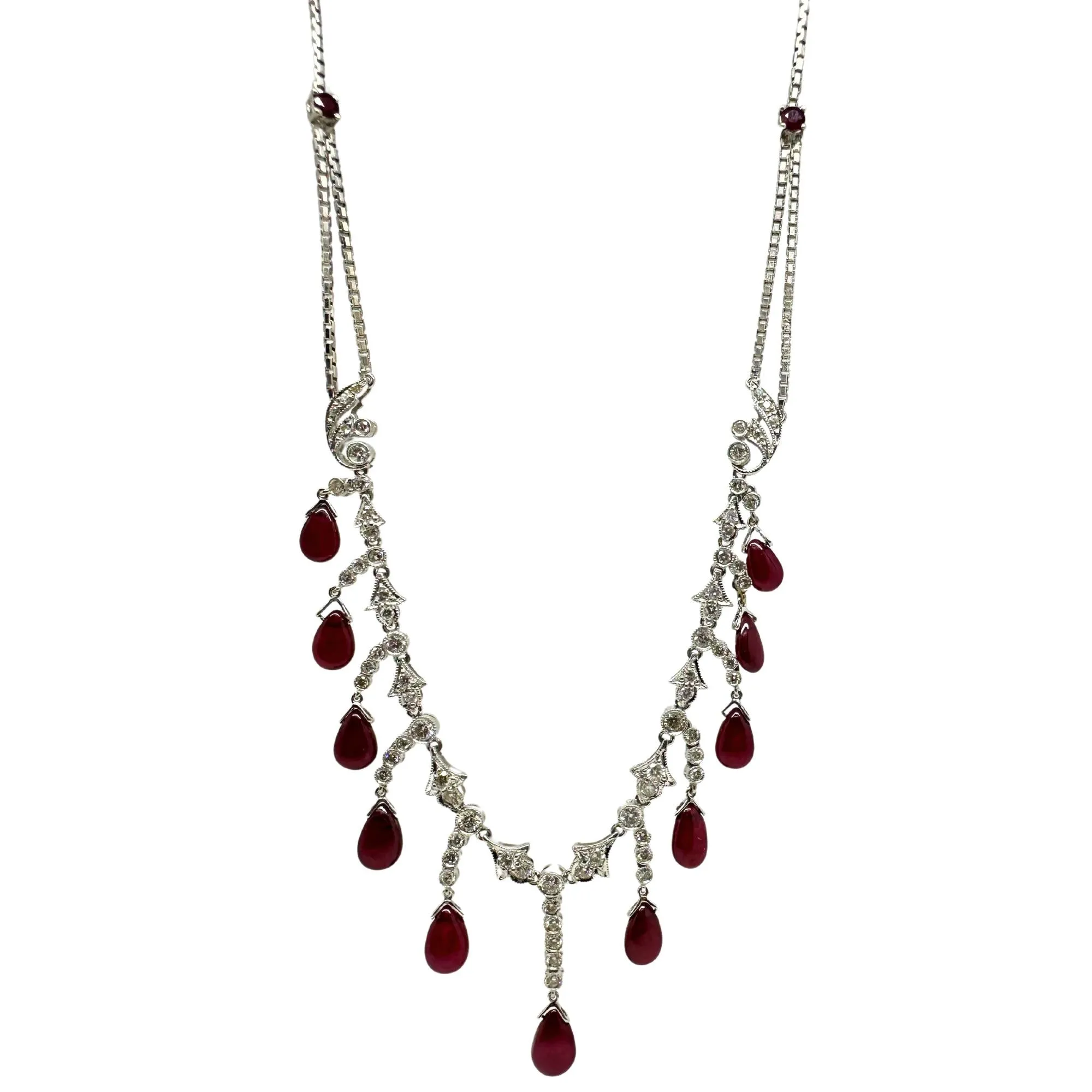 18K White Gold Diamond and Cabochon Ruby Necklace