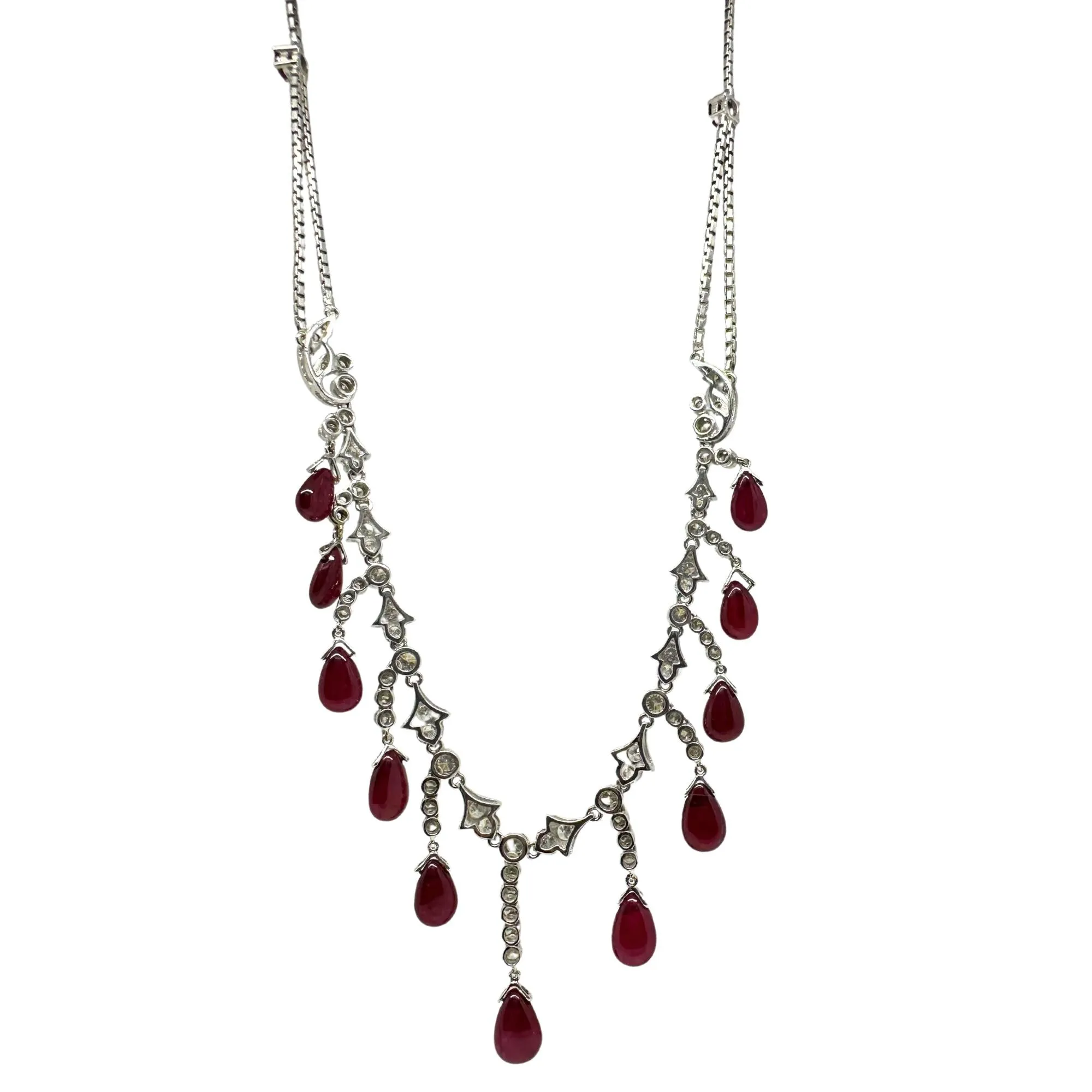 18K White Gold Diamond and Cabochon Ruby Necklace
