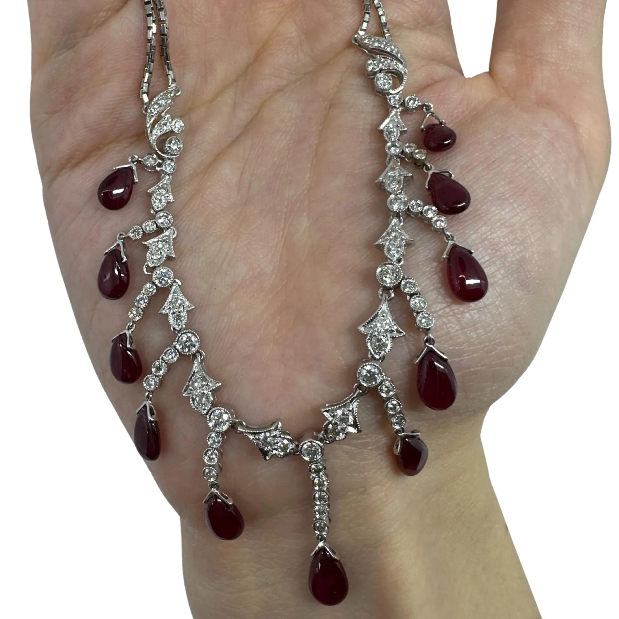 18K White Gold Diamond and Cabochon Ruby Necklace
