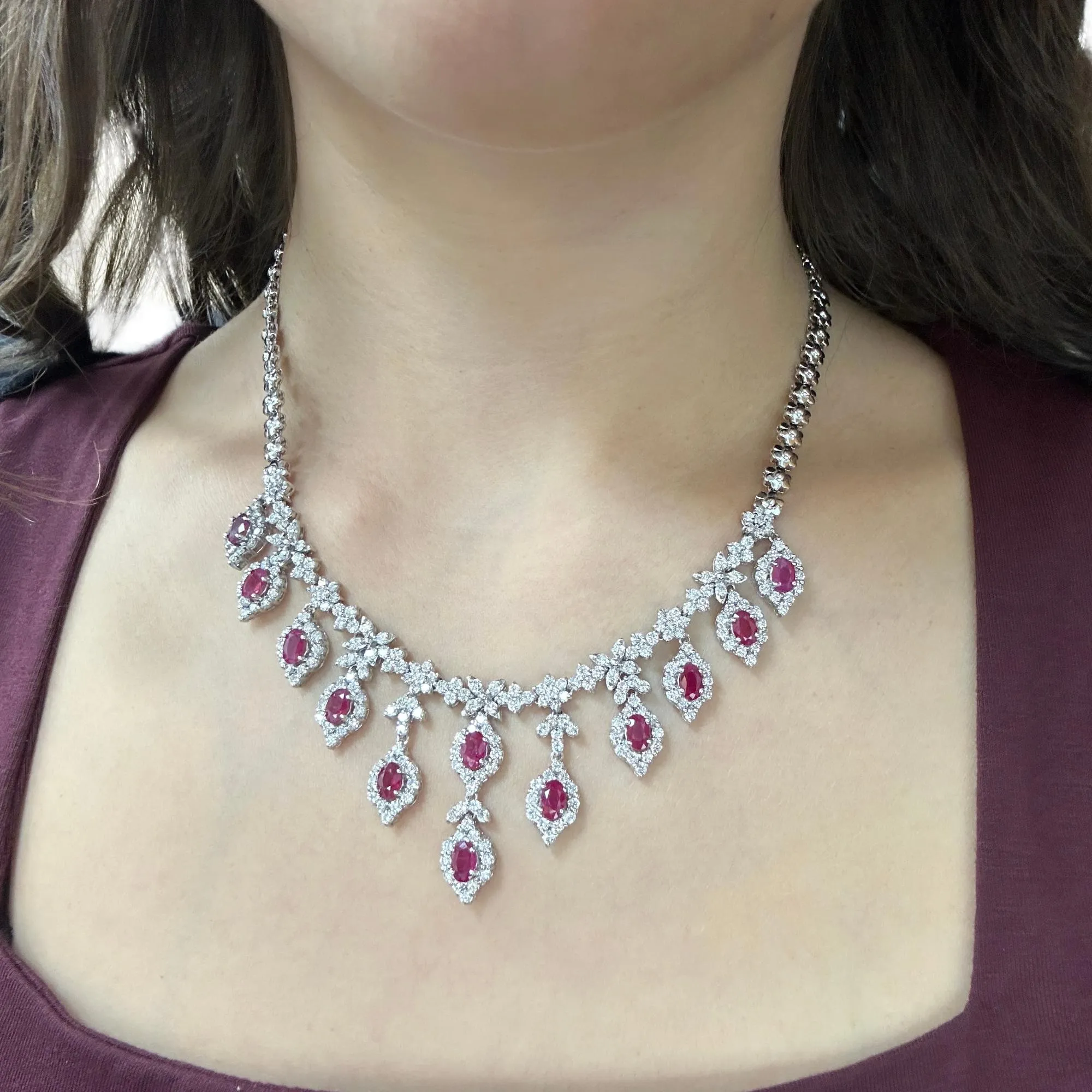 18K White Gold Diamond and Ruby Necklace