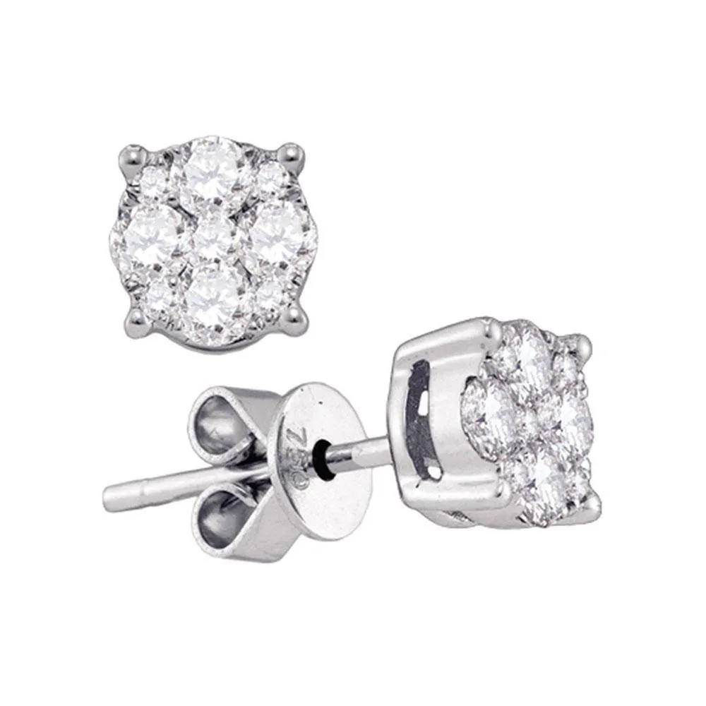 18K White Gold Round Diamond Cluster Stud Earrings 7/8 Cttw